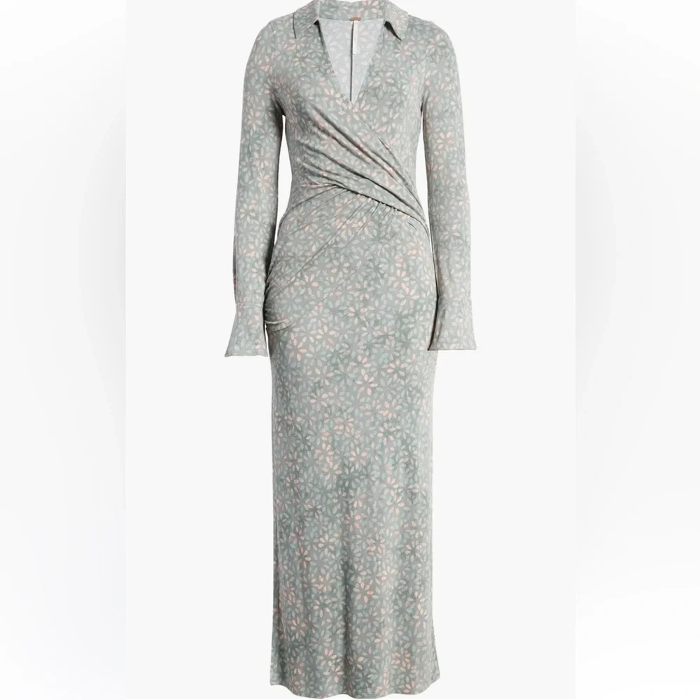 NWT! Free People Shayla Floral Long Sleeve Wrap Dress Minto Combo Large - Picture 3 of 14